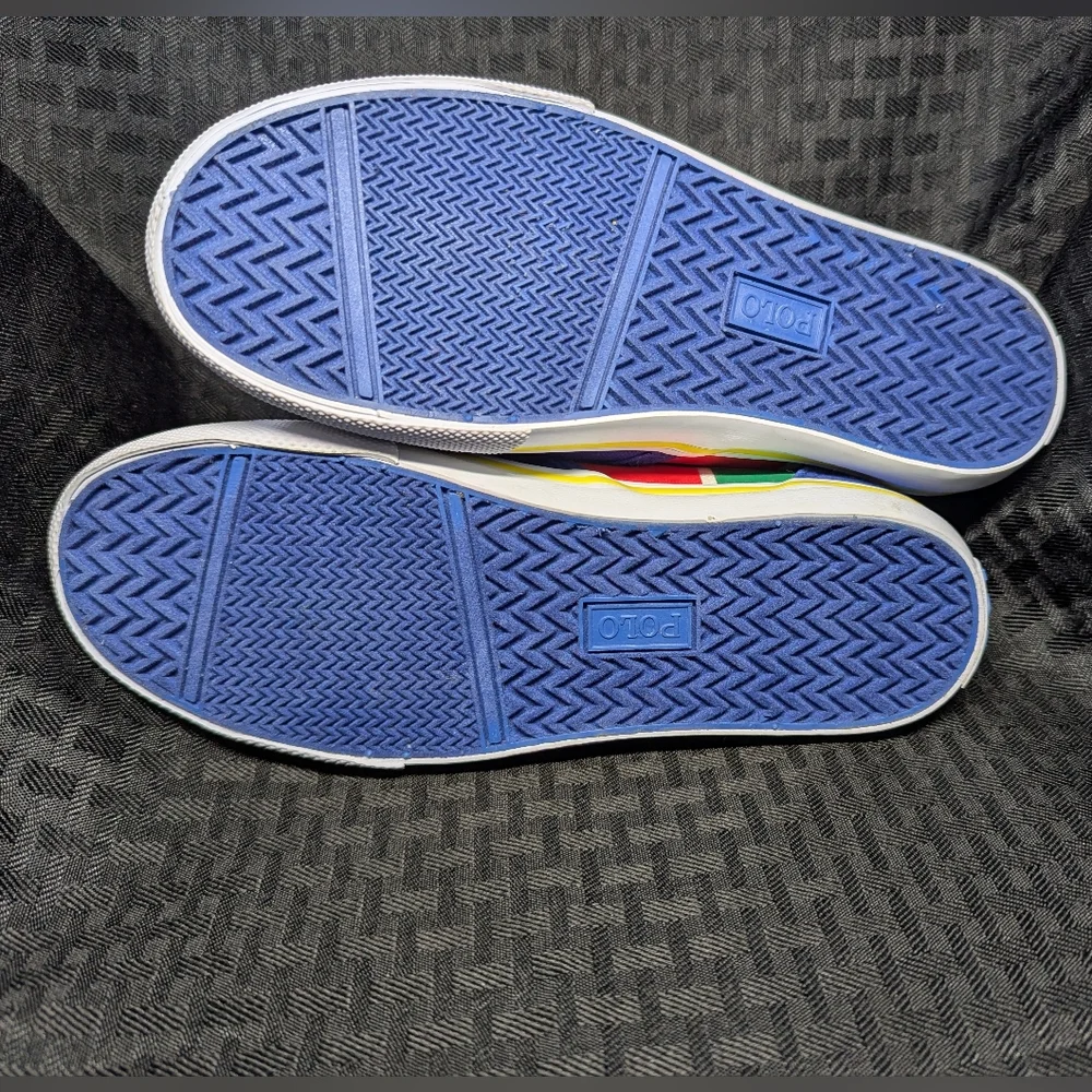 Blue And Yellow Ralph Lauren Polo Slip-On Sneakers with Embroidered RL-93 Logo.